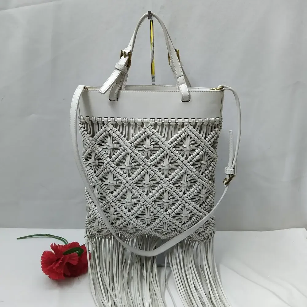 Tory Burch White Leather Woven Braided Macramé Fringe Limited Ed Crossbody Bag